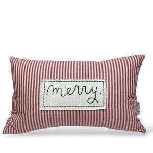 RAE DUNN Merry Pillow Red Ticking Stripe Holiday Decor Cover w/ Insert
